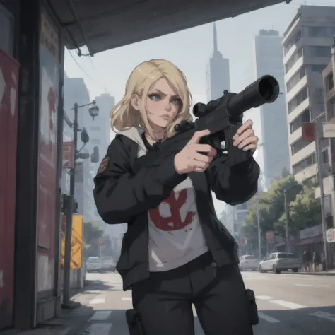 a beautiful detailed blonde girl holding a gun and shooting, GTA5 character, cinematographic composition, City