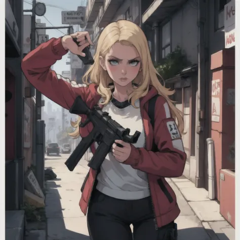 a beautiful detailed blonde girl holding a gun and shooting, GTA5 character, cinematographic composition, City