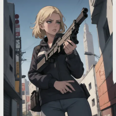 a beautiful detailed blonde girl holding a gun and shooting, GTA5 character, cinematographic composition, City