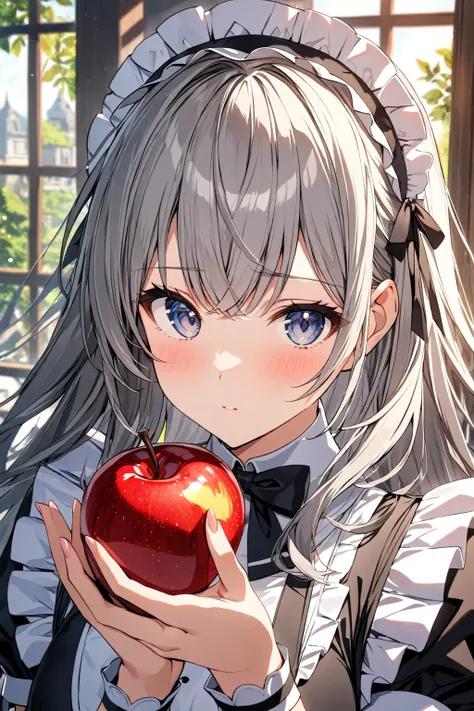 1girl,solo,Grey hair,long hair,maids outfit,close-up of face,looking at viewer,holding apple in hand,
highly detailed,best quality,absurdres,detailed,HDR,natural light,