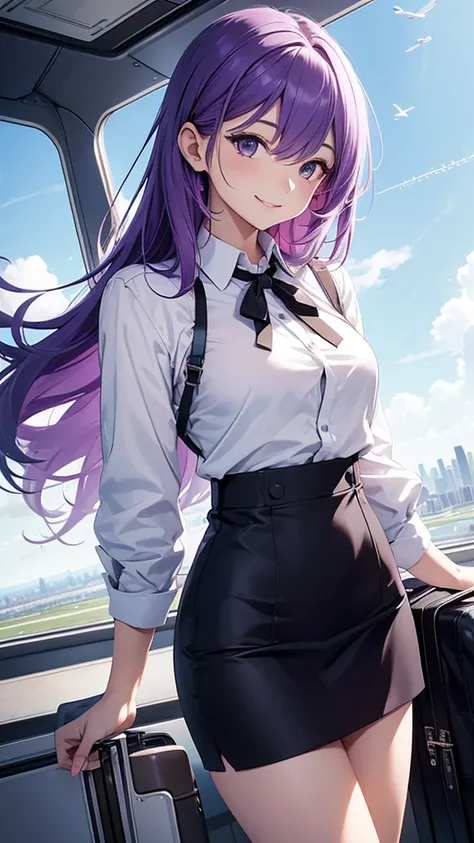 beautiful woman, stop on moving plane in the sky, in the background you can see the horizon and the city, PURPLE HAIR, long hair, very smiling, inclined, White shirt, blue elegant miniskirt, whole body.