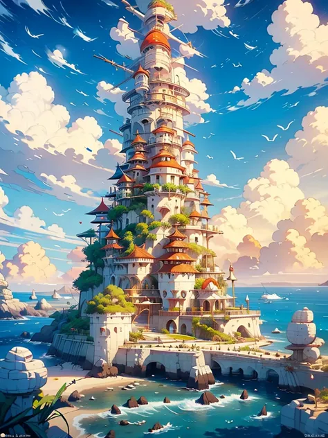 a fantasy-inspired painting of a coastal village in kawacy style, rendered in cinema4d, bulbous, precise nautical details, creat...