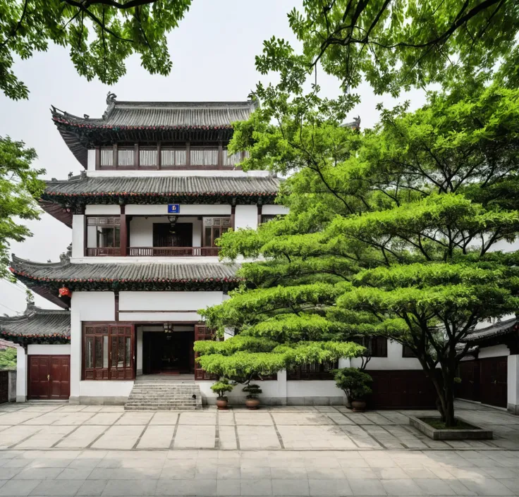 qlcd,tingyuan, photo d&#39;une villa moderne, prairie, jardin, arbustes et arbres, décoration rocheuse, ciel clair, lumière du s...