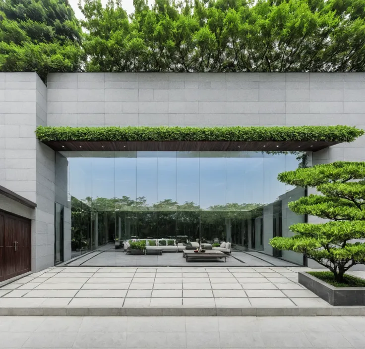 qlcd,tingyuan, photo d&#39;une villa moderne, prairie, jardin, arbustes et arbres, décoration rocheuse, ciel clair, lumière du s...