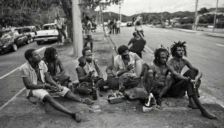 Jamaican Reggae band members are relaxing outside of a concert hall, having a break time near a parking lot. Drinking and smoking. Black and white with natural lighting.