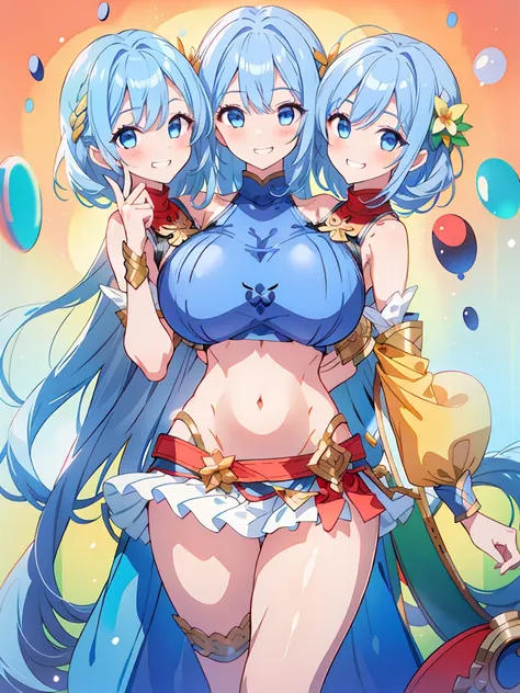 (masterpiece, best quality), best resolution, (3heads:1.5), 1girl, blue hair, long flowing hair, smiling, grinning, open belly, ...