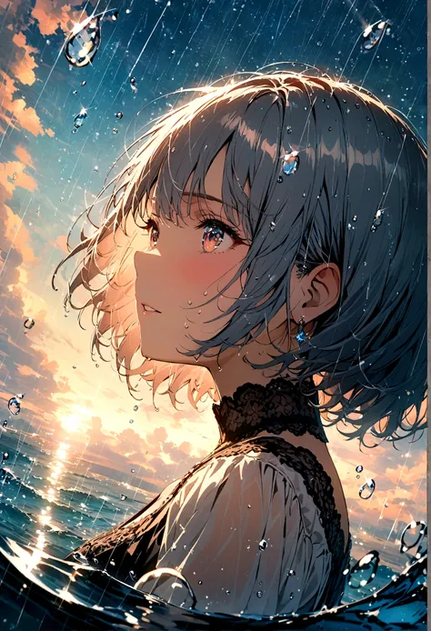 short hair,Beautiful sky, rain,(Crystal clear rain sparkles in the sky,Water Drops), masterpiece,high resolution,Wide-angle lens