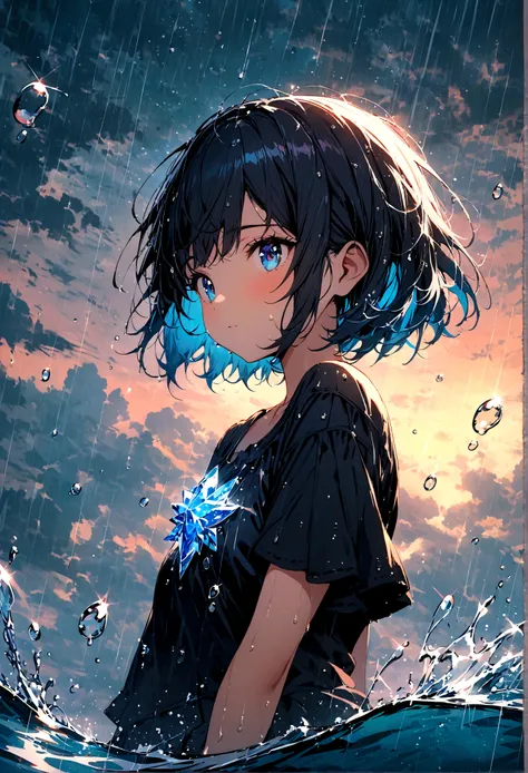 short hair,Beautiful sky, rain，(Crystal clear rain sparkles in the sky,Water Drops), masterpiece,high resolution