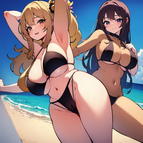 Anime girl with big breasts and big thighs in camel toe bikini