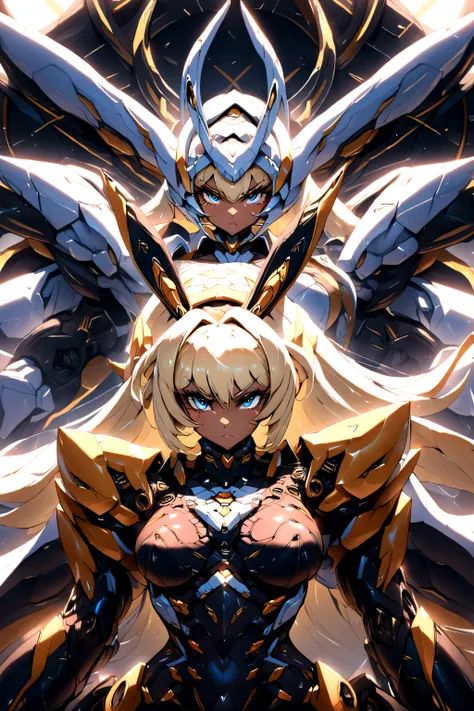 Mecha suit, Monster girl, bunny girl, voluptuos, dark skin, blonde hair, blue eyes, serious expression