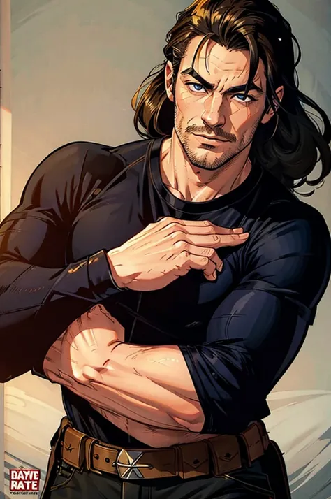 luke evans with stubble and medium length hair, comic book style.