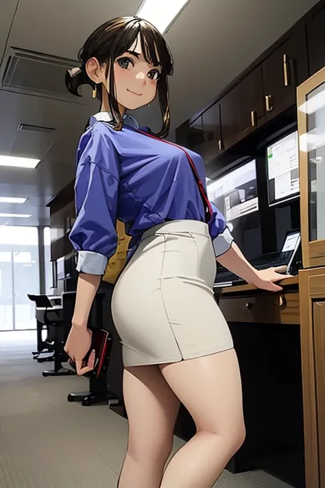 ((masterpiece,8K)), delicate, Soft Light, whole body,Beautiful Eyes,delicateな髪の毛の表現,douki-chan,smile,Red cheeks,Large Breasts,office lady,Blue Shirt,High-waisted skirt,Pencil Skirt,pantyhose,(Beautiful legs), Earrings, jewelry,Sexy pose,vending machine,Vie...