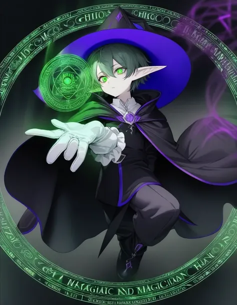 Masterpiece, detailed, Best Quality , blue fur , green eye and demonic green eye , white gloves , short color negro , White shirt , white cover with purple details , black boots , magic circle , magic dark hands , magician hat , long and wide black cape , ...