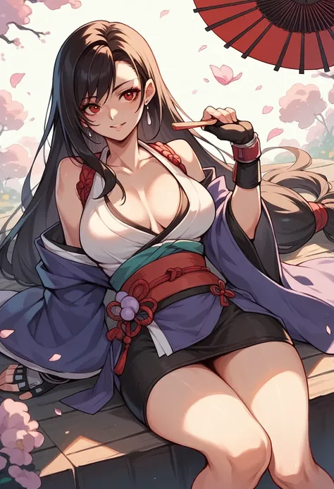 tifa in a kimono、she&#39;s in heat and has her eyes rolled up.、mouth wide open with tongue out、drooling、a tube is stuck in the v...