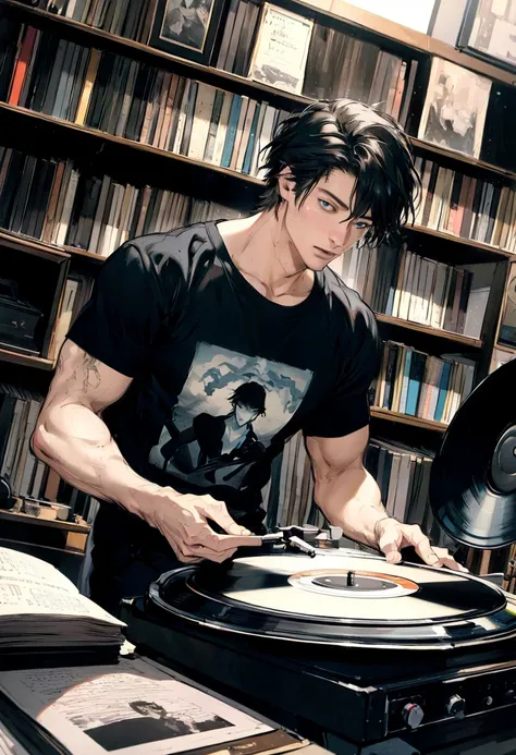 a handsome man in his 20s, short black hair, blue eyes, sitting in a comfortable chair, listening to music on a record player, w...