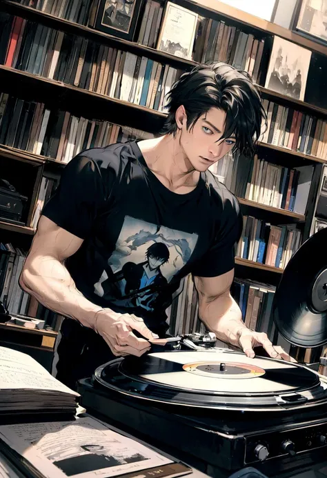 a handsome man in his 20s, short black hair, blue eyes, sitting in a comfortable chair, listening to music on a record player, w...