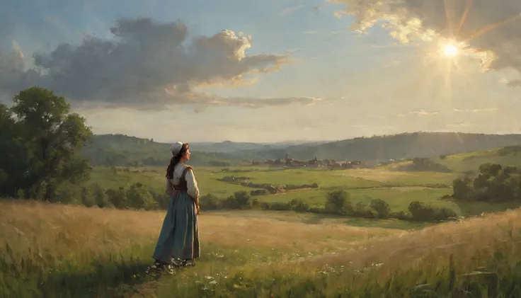 A medieval peasant woman in the middle of a field, looking at the sky while a cloud illuminates her, long shot. The woman is dressed in simple peasant clothing, with a long dress and a cap. She is standing in an open field, surrounded by tall grass and wil...