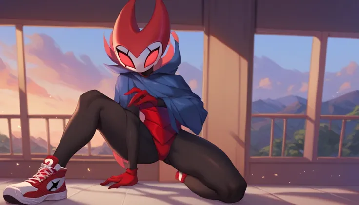 score_9, score_8_up, score_7_up, score_6_up, zPDXL2, grimm (hollow knight), vampire, bat, 1boy, solo, cute face, detailed eyes, anthro, near the window, landscape, highlight thighs, medium shot portrait, red sports gloves, sneakers, profile picture, blue h...