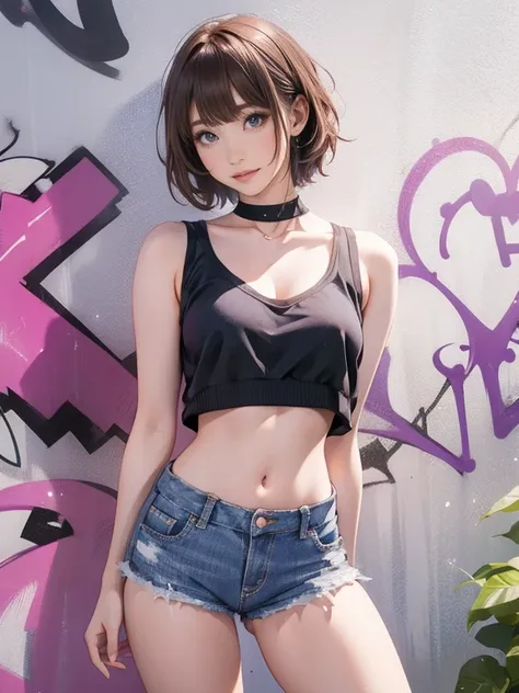 one girl、age 25、oversized breasts、crop top、shorts jeans、oversized breasts、rose、crop top、shorts jeans、choker、（graffiti：1.5）、purpl...