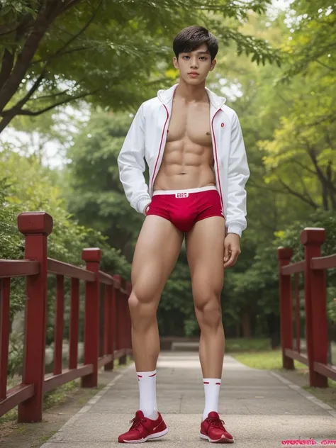 16 years old teenagers , very young , light-skin , wearing an dark red sexy underwear, tmasterpiece，k hd，the feet，Transparent sports vest，semi transparent，black long socks，The barefoot , red colour , handsome and cute , extreme cute boy , white skin , dark...