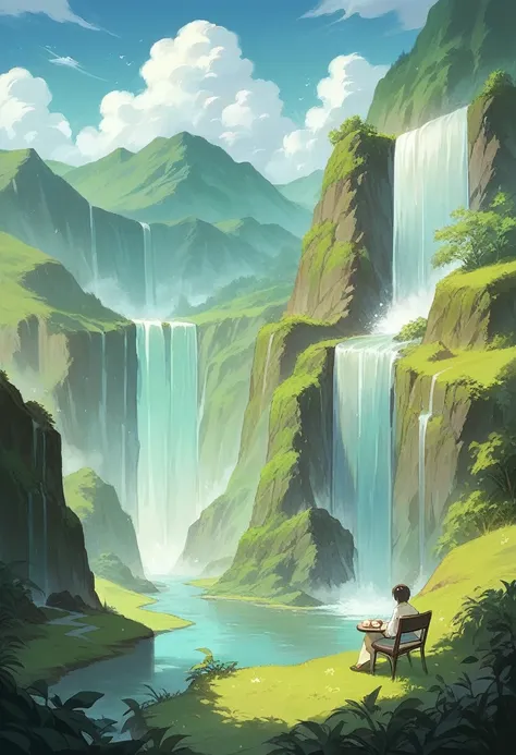 Amazing landscape, ultra detailed, super detailed, anime, Amazing, waterfall landscape, green, blue, Cafe 