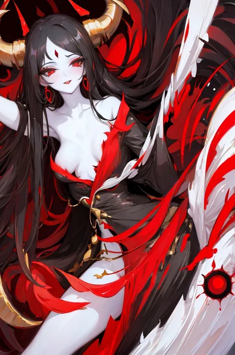 honey, (only), pale skin, long black hair, black horns up, black eyes, red eye shadow, red lipstick, basic dress, big breasts, awas, perverted smile, masterpiece, high high quality