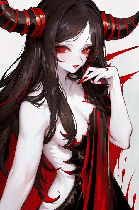 honey, (only), pale skin, long black hair, black horns up, black eyes, red eye shadow, red lipstick, basic dress, big breasts, awas, perverted smile, masterpiece, high high quality