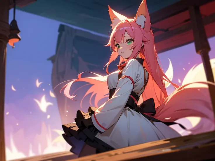 kitsune idol in a tavern, foxgirl, pink fox ears, pink fox tails, pink hair, green eyes, light blue idol dress, tavern background, high quality, masterpiece