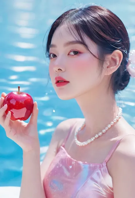 夏日Red Apple少女，Dopamine teenage， Cool summer days，Ice cubes，The watery girl，Delicate skin，Hydration，Shiny，Shiny，dream，Front view，bust，pearl，Red Apple，pink