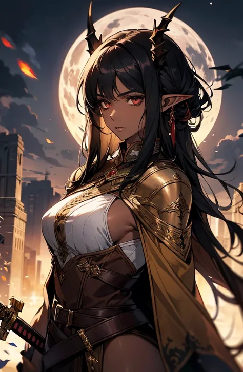 brown skin, older woman, sexy, tall, brown skin, one dragon wing, black hair, elf, elf ears, dragon horns, dark clothing, night, glow, sword