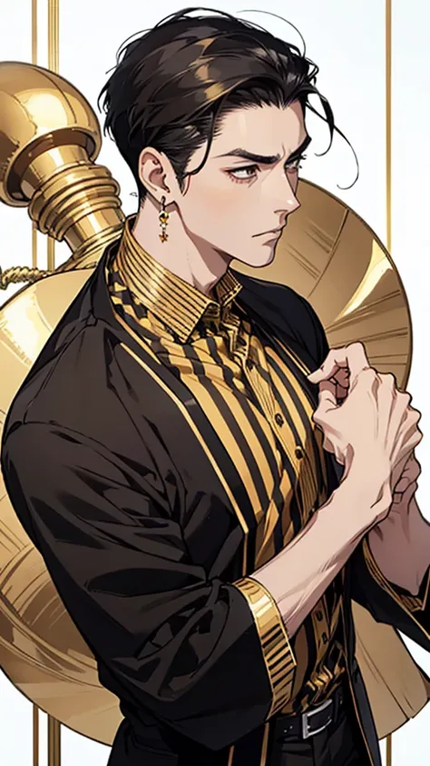 Japanese, man, tall man, short hair, business short hair, slicked back hair, tough-looking face, middle-aged, black and gold striped shirt, well-trained body, gold earrings, white background