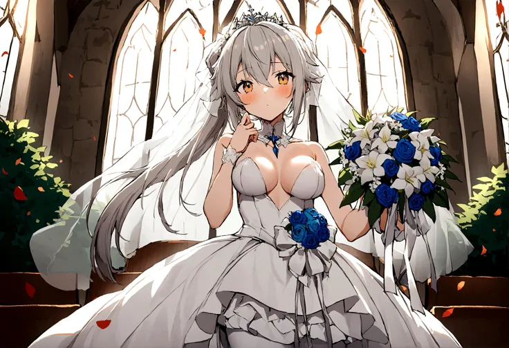 1 girl，KasuganoSora， Sora，white pantyhose，wedding dress，white gray hair，long double ponytail，bridal bouquet，wedding veil，White Moonlight， church， Glass Window