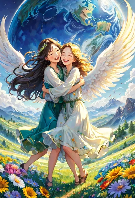 angels hugging the earth and rejoicing, happiness, smiles, love