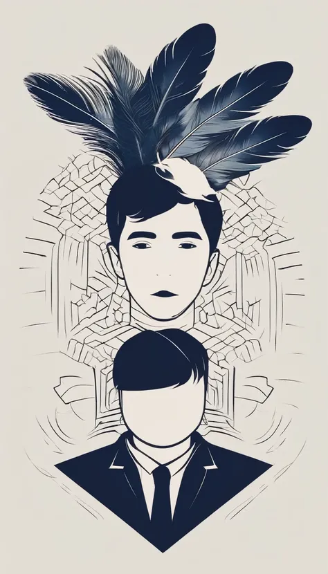 A minimal, modern, simple, cinematic logo design e of a boy with a head full of feathers for the brand “Penamemoria" .