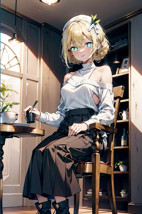 (アイスWallenstein, Wallenstein, blonde, Hair between the eyes, hair band, happy smile, smile, Open your mouth,Blonde,Long Hair, (Yellow Eyes:1.5),One-shoulder sweater,Long skirt,short boots,Sitting in a chair,There is food on the table,Daytime,Clear skies,wh...