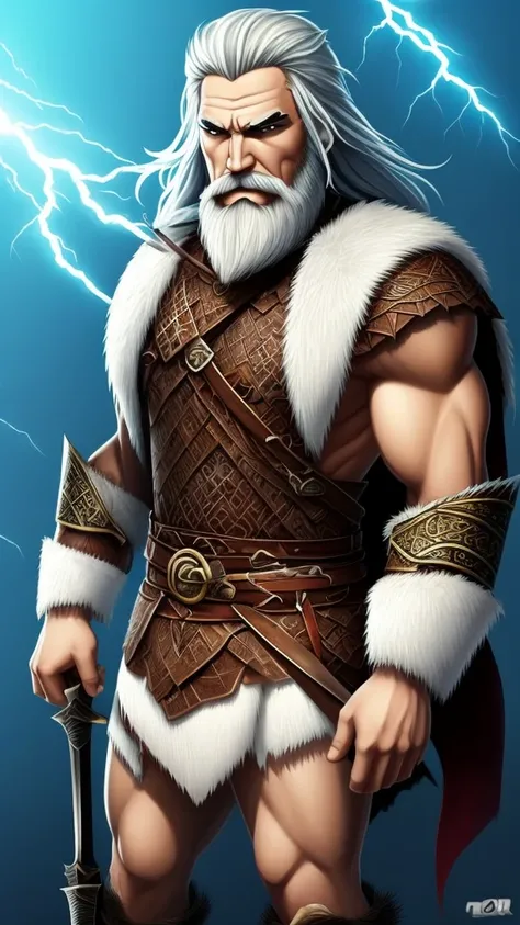 Generates a 2 meter man who is a Viking warrior with hair slightly short at the height of the eyebrows and white in color, who as clothing wears the skin of a polar bear that is from an anime and shows his muscles., and carry a sword, He has a light white ...