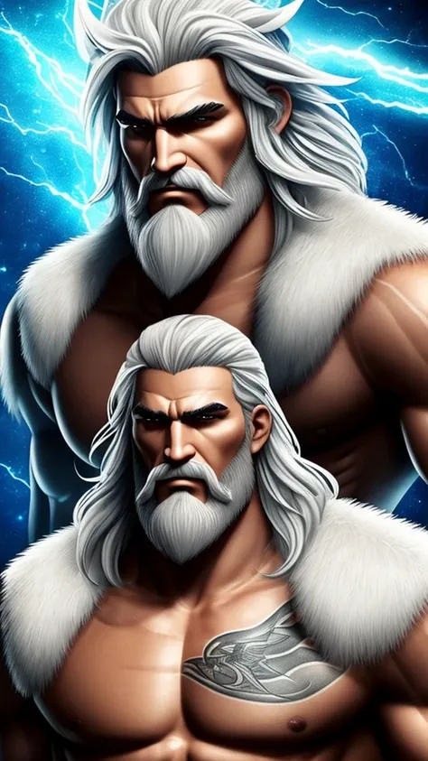 Generates a 2 meter man who is a Viking warrior with hair slightly short at the height of the eyebrows and white in color, who as clothing wears the skin of a polar bear that is from an anime and shows his muscles., and carry a sword, He has a light white ...