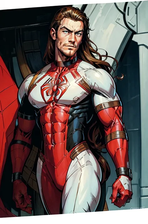 Luke Evans, stubble, neck length hair, white Spiderman suit, detailed, comic book style, chiseled torso.