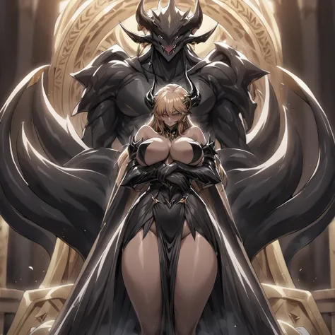 ((Highest quality)), ((masterpiece)), (detailed), （Perfect Face）、The woman is a dark-skinned devil、The woman is a jet-black female demon with magnificent demon horns and a jet-black tail, her skin is the same black as the Demon King, she is wearing a provo...