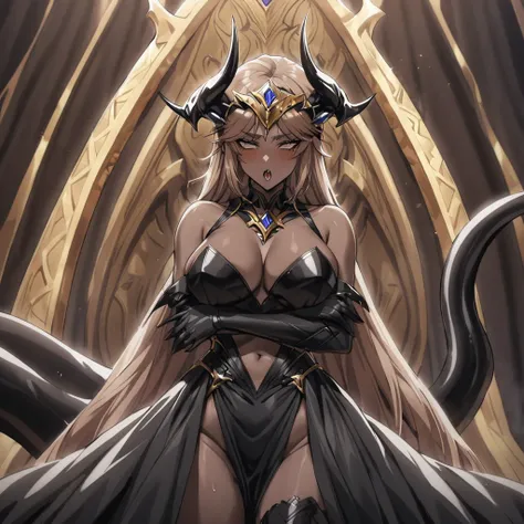 ((Highest quality)), ((masterpiece)), (detailed), （Perfect Face）、The woman is a dark-skinned devil、The woman is a jet-black female demon with magnificent demon horns and a jet-black tail, her skin is the same black as the Demon King, she is wearing a provo...