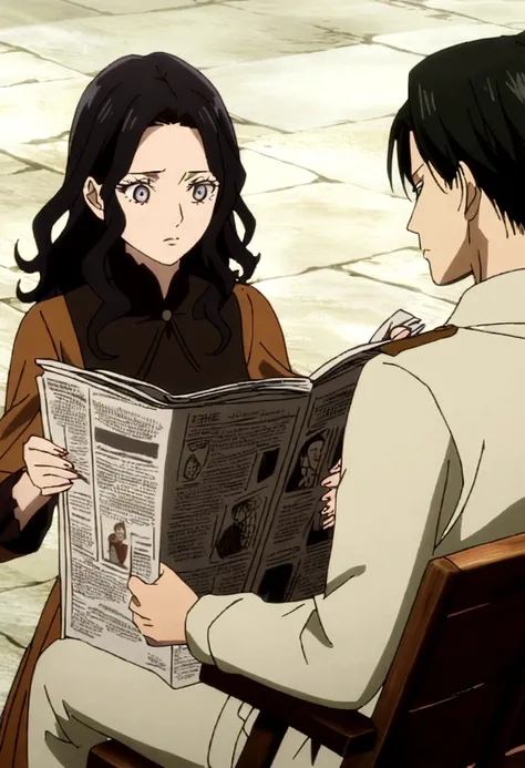 Attack on Titan screencap of a woman with ginger wavy hair. She wears a black high-necked blouse with a skirt and wearing a hat. shes reading the newspaper. She is with a man, black hair, he is wearing hat, Levi Ackerman. MAPPA studios season 4, screencap