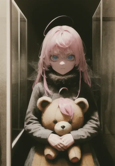 1girl, pink hair, blue eyes, (cowboy_shot:1.2), face focus, long hair, sidelocks, scared,(terrified:1.1) expression, holding teddy bear, atmospheric lighting, moody, darkness, in an old abandoned museum, transparent glass display cases filled with interest...