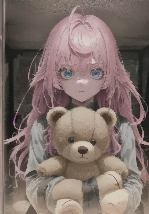 1girl, pink hair, blue eyes, (cowboy_shot:1.2), face focus, long hair, sidelocks, scared,(terrified:1.1) expression, holding teddy bear, atmospheric lighting, moody, darkness, in an old abandoned museum, transparent glass display cases filled with interest...