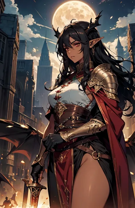 brown skin, older woman, sexy, tall, brown skin, one dragon wing, black hair, elf, elf ears, dragon horns, dark clothing, night, glow, sword