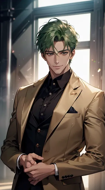 (best quality, masterpiece, 8K, photorealistic, cinematic lighting, hdr image, ultra detailed, beautiful image), a mature man, very handsome, smile, short green hair, golden eyes perfect, perfect face without errors, ((buttoning the jacket, CEO))