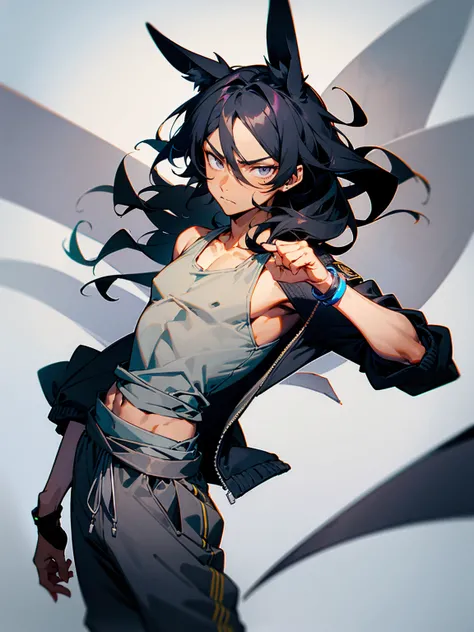 1male, dark skin, black hair, wavy middle parted hair, rabbit ears, grey eyes, lean build, tank top, bomber jacket, tied to waist, bracelets, grey sweatpants, Japanese school, serious expression 