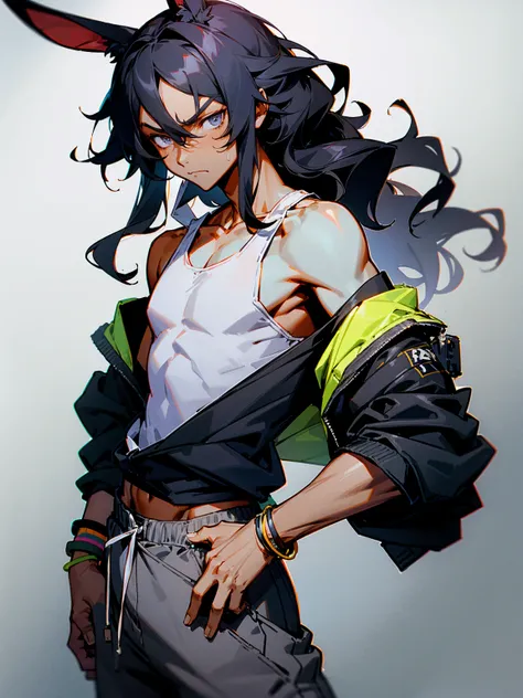 1male, dark skin, black hair, wavy middle parted hair, rabbit ears, grey eyes, lean build, tank top, bomber jacket, tied to waist, bracelets, grey sweatpants, Japanese school, serious expression 