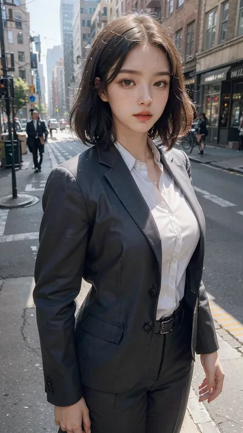 (8k, RAW photo, best quality, masterpiece: 1.2), (realistic, photorealistic: 1.37), 1 woman in suit standing on the sidewalk, cityscape, day, sunny morning, professional lighting, photon mapping, radiosity, woman, torn, shirt, woman in suit, silk suit