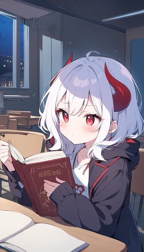 Teenage girl, devil girl, little red horns, white hair, short fluffy hair, big red eyes, pale skin, blushing cheeks, red cheeks, white and black coat, black pants, with a book near her face, in a classroom of classes, at night