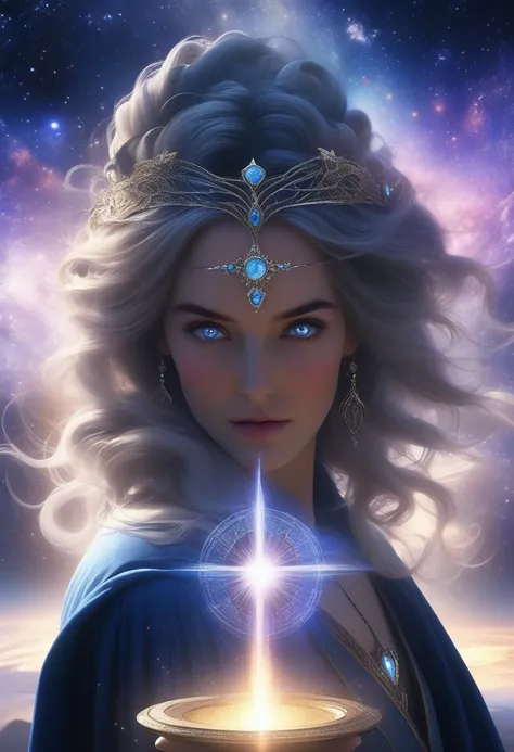 (best quality, 8k, masterpiece, highres, ultra-detailed), photorealistic, powerful sorceress, glowing eyes, distant stars, flowing black robe, silver stars, constellations, midnight blue hair, raised hands, shimmering magical energy, vast starry sky, swirl...